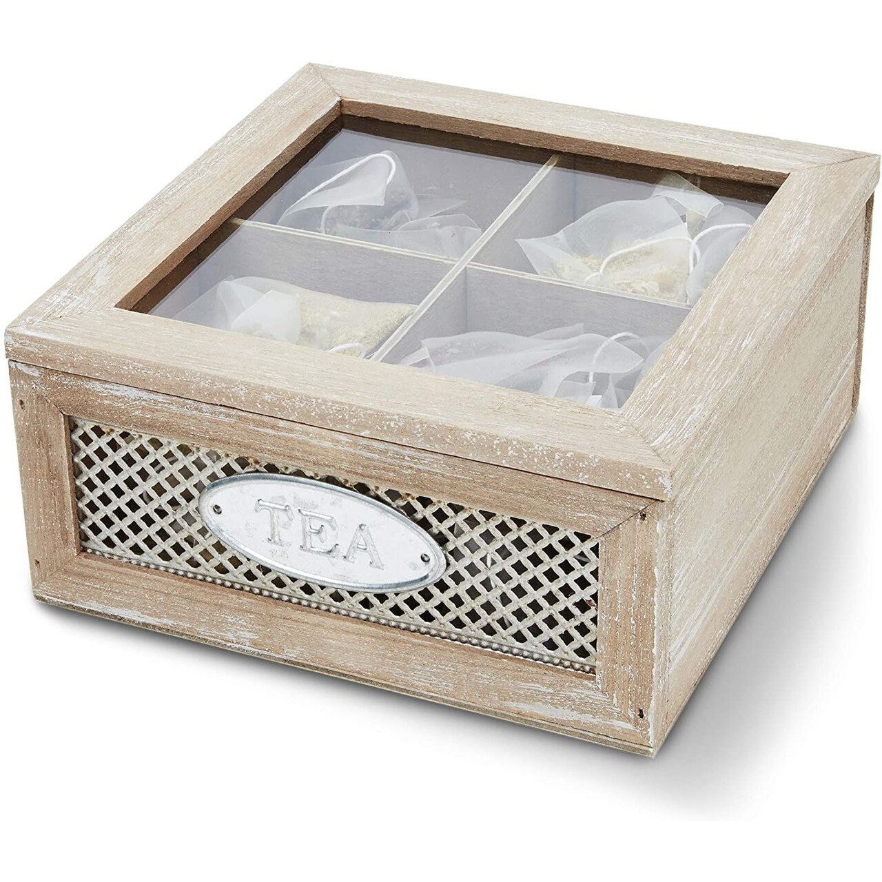 Wooden Box for Tea Bags Organizer, Cute Rustic 4-Compartment Container with Clear Lid (7 x 7 x 3 In)